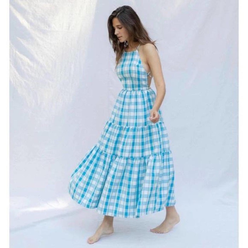 Christy Dawn Delphine lace back maxi dress in marine plaid